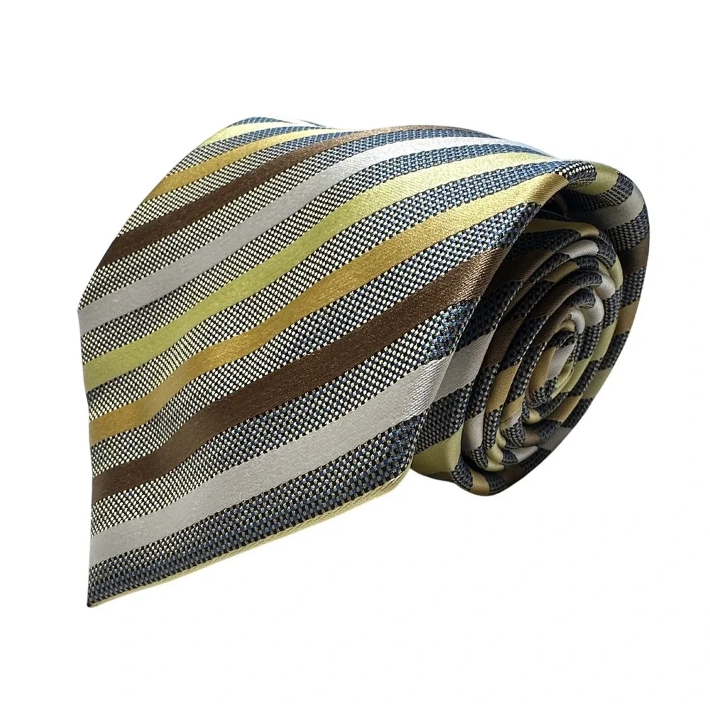 Bergamo New York Mens‎ Striped Necktie Gold Brown Silver Blue Woven Polyester